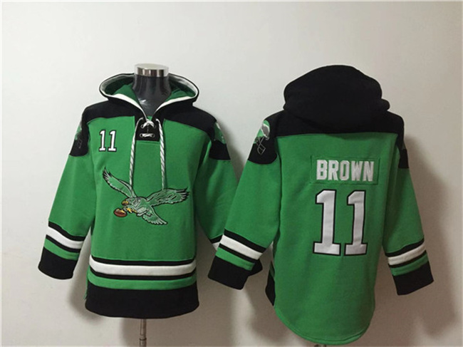 Men's Philadelphia Eagles #11 A. J. Brown Green Ageless Must-Have Lace-Up Pullover Hoodie Men's Philadelphia Eagles #11 A. J. Brown Green Ageless Must-Have Lace-Up Pullover Hoodie